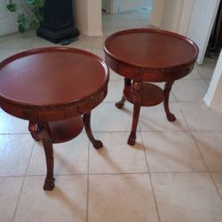2 Wood Wooden Side Accent End Tables With Drawers Carved Claw Feet Round Classical Italian