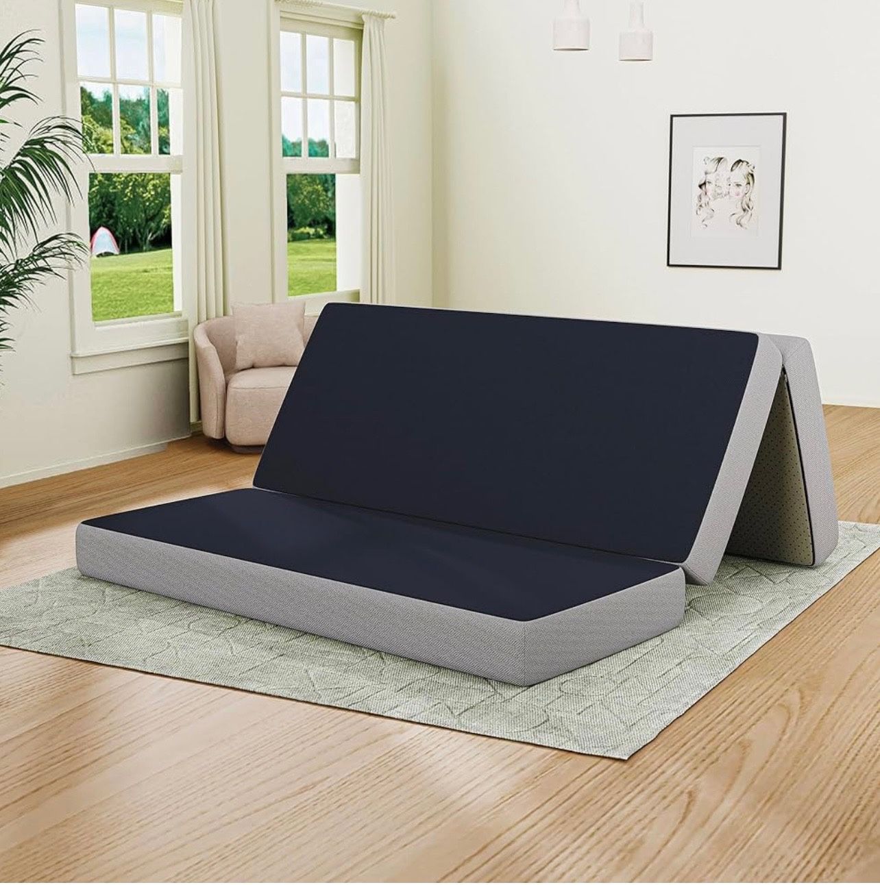 4 Inch Trifold Mattresses, Full Size Memory Foam Mattress, Folding Floor Bed Futon Portable Camping Mattresses with Removable Cover & Non-Slip Bottom,