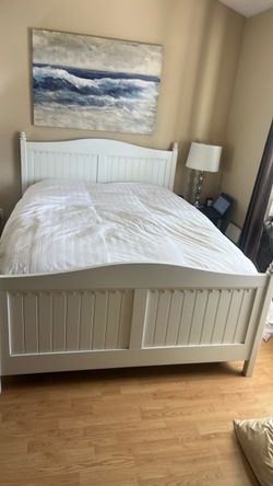 White Wood Bed Frame with Beadboard Panels