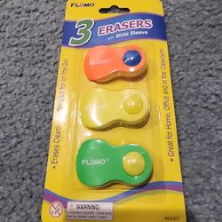 3 Brand New Flomo Erasers with Slide Sleeve