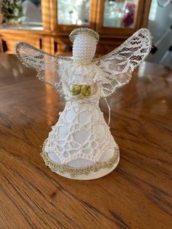 White and Gold Colored Angel Ornament or Small Tree Topper - Crochet, Etc.