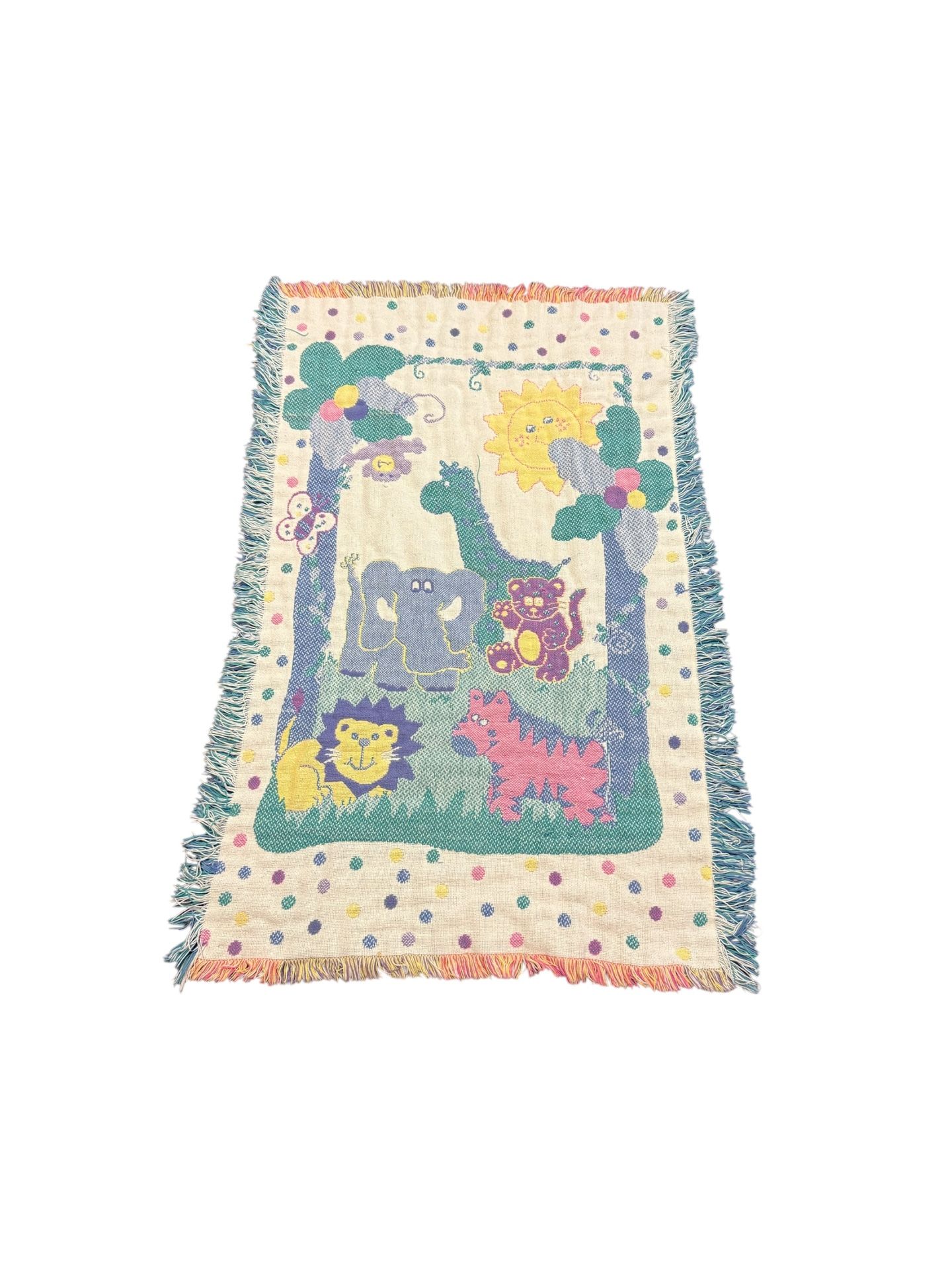 Vintage Riegel Jacquard Weave Jungle Animals Fringe Tapestry Baby Blanket