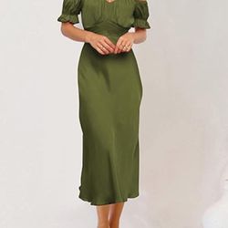 Brand New Size (Medium) Satin Midi Dress Off Shoulder Wrap Ruched Party Formal Dress