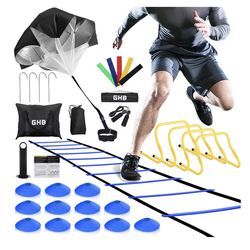 GHB Agility Ladder,Football Training Equipment Set,4 Agility Hurdles, 20 feet12 Rungs Speed Ladder,12 Disc Cones,Resistance Parachute, Jump Rope, 5 Re