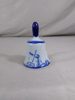 Vintage 1950's Small 3" Porcelain Delft Hand Bell Windmill Feather Design