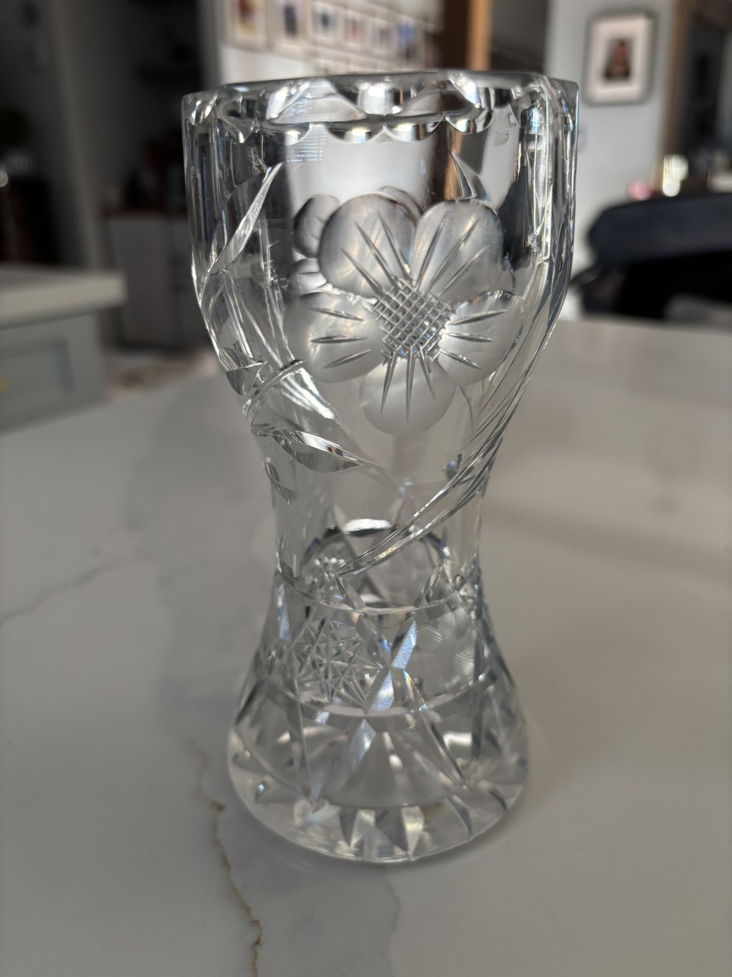 Etched and Cut Crystal Floral Motif Corset Vase