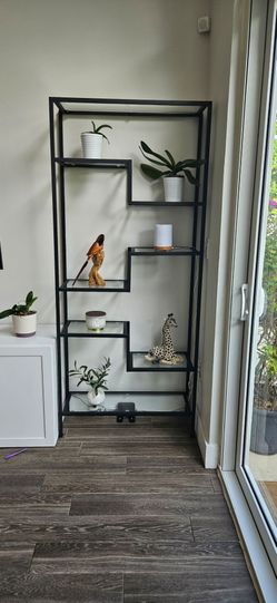 New Black Metal and Glass Staggered Shelf Unit