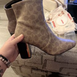 Coach Signature C Brown Ankle Boots Block Heel Booties