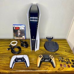 Sony PS5 Disc Edition barely used, includes 2 controllers + all cables + stand + GTA V + WWE 2K25