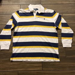 Vtg 90s Polo Ralph Lauren Mens Rugby Shirt Sz L Blue Striped Yellow Pony size L