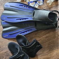 Divers Gear Bundle- Cressi Snorkel Mask Mako Diving Fins Ocean Pro Dive Boots