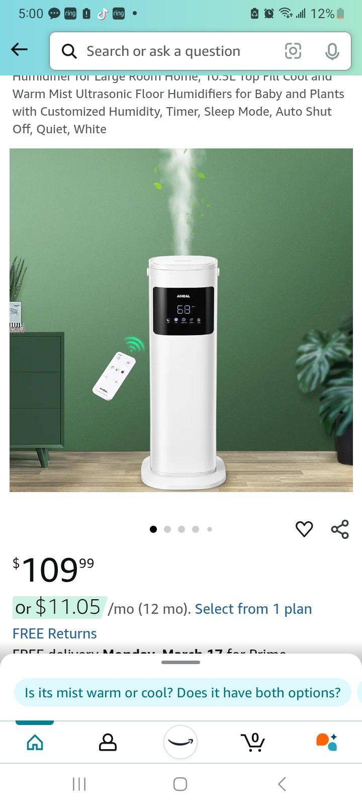 Humidifier for Large Room Home, 10.5L Top Fill Cool and Warm Mist Ultrasonic Floor Humidifiers for Baby and Plants with Customized Humidity, Timer, Sl