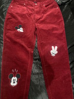 Red Corduroy Pants with Mickey Mouse Embroidery