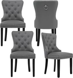 E868+E828 $135  PU Leather Dining Chairs Set of 4, Tufted Upholstered Dining Room Chair with Pull Ring and Solid Wood Legs, Grey  Color Grey Material 