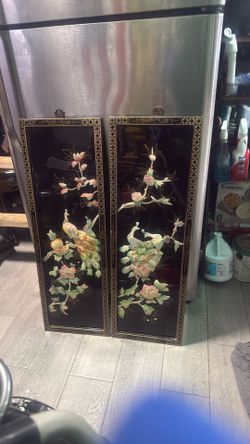Black Lacquer Asian Wall Panels, Vintage Mother Of Pearl