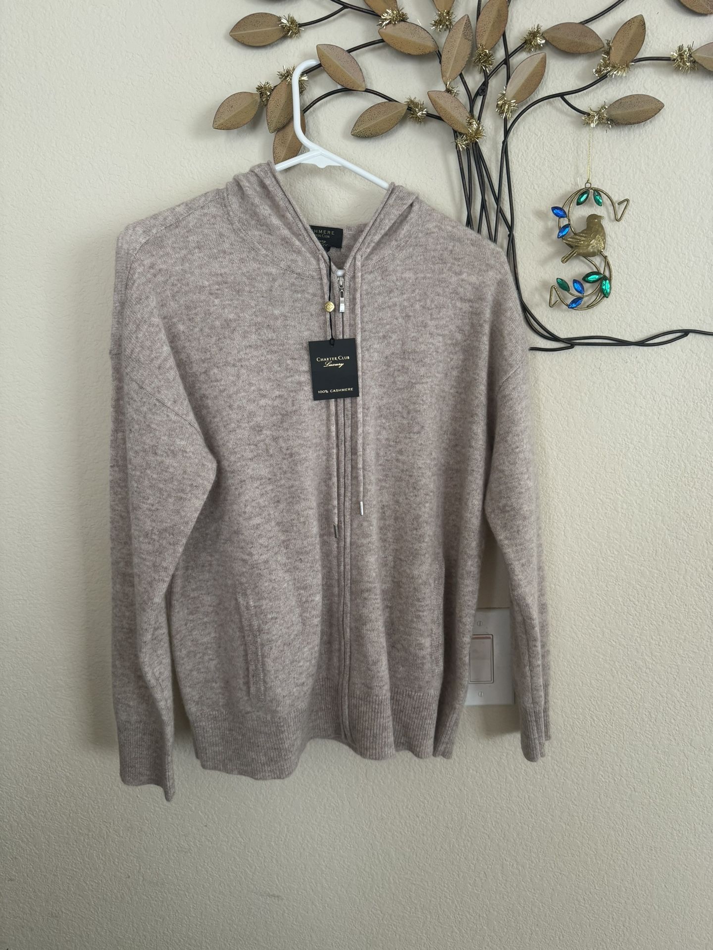 Charter Club Cashmere Pearl Taupe Heather Zip Front Hoodie Sweater