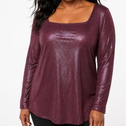 Lane Bryant Whimsigoth Shimmer Square Neck Long Sleeve Top Plum Burgundy 18/20