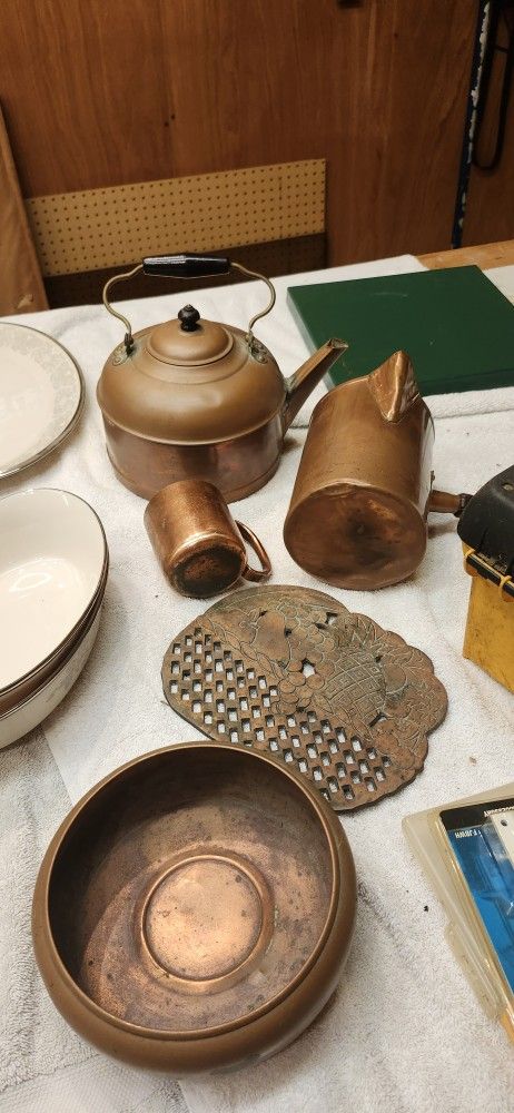 Antique Copper Kettle, Heat Pad, Cup. Pan