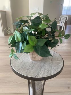 Faux Green Leaf Plant in Stone Pot