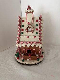 Red and White Peppermint Gingerbread House Christmas Decoration size 13” missing the light bulb