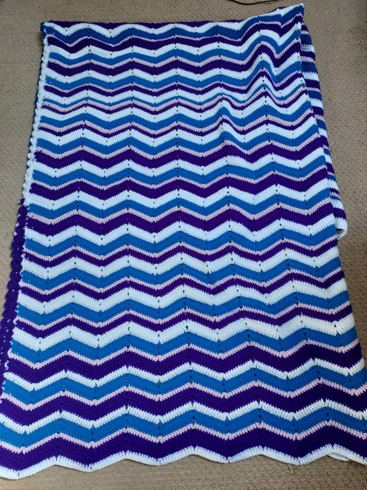 Hand Made Afghan, Extra Large Blue Purple Chevron Stripes