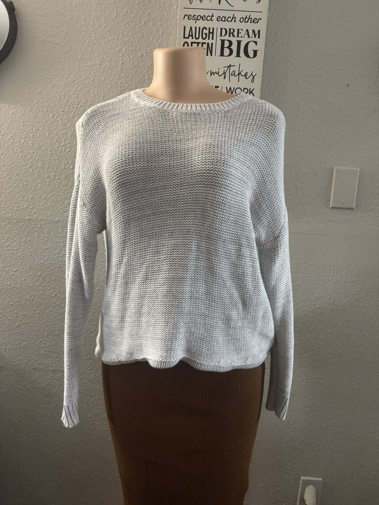 Stitches & Stripes Cotton Blend Knit Cutout Back Gray Crew Neck Sweater