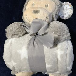 EASTER GIFT Gray Monkey Huggable Stuffed Animal & Blanket NWT