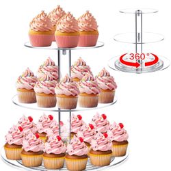 Tiered Cupcake Display Stand Rotatable Cake and Cupcake Tower Stand Combo Clear Acrylic Cake Holder with Tiered Tray for Dessert Pastry Birthday Weddi