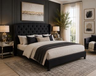 Black Upholstered Bed - Elegant Tufted Wingback Headboard Black Linen Platform Bed