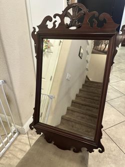 Antique Fleur de Lis Feather Scroll Mahogany Hall Ensemble Mirror W/Org Ship Tag