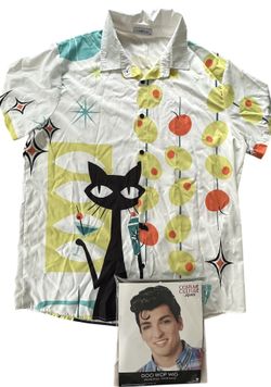 50’s Adult Mens Costume Doo Wop Poodle Skirt Era Sz XL Retro MCM Shirt + Wig Halloween Dress Up