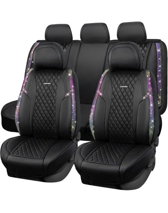 CAR PASS Iridescent Diamond &NAPPA Calfskin Leather Cushioned,Bling Seat Covers,Waterproof Heavy-Duty Anti-Slip,Universal Fit for Auto SUV Sedan,Spark
