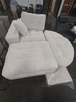 Cream Corduroy Tufted Sectional Chaise Lounge