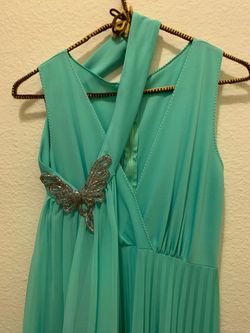 Teal Formal Dress with Beaded Butterfly Detail