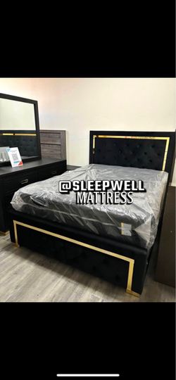 Queen size bed frame with mattress and box spring included
