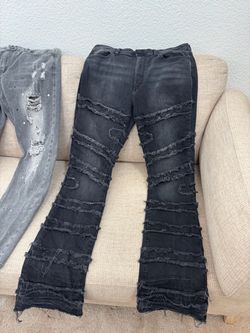 Black Stacked Flare Distressed Denim Jeans