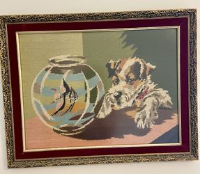 Beautiful handcrafted Framed tapestry of fish in a bowl and terrier dog
