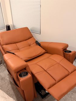Electric Power Recliner Chair with Massage & Heat – PU Leather, Lay-Flat, Cup Holders – Cognac Brown