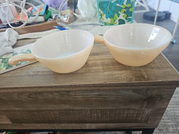 Vintage Fire King Bowls Peach Luster Beehive Handle Anchor Hocking Oven. Set 2