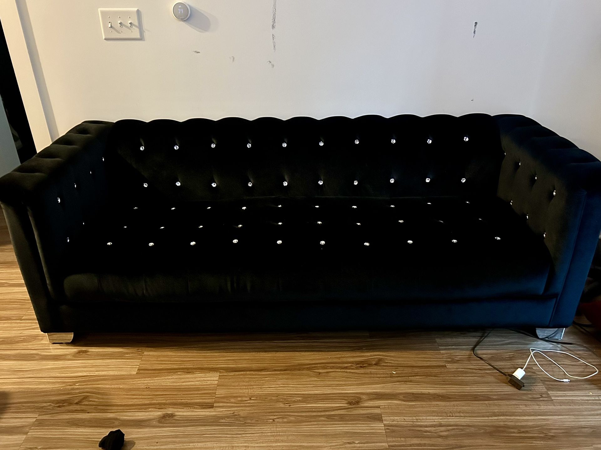Two Piece Black Velvet Gem Sofa And Two Seater