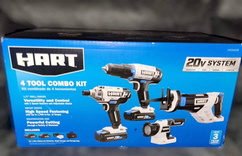 HART
HART 20-Volt Cordless 4-Tool Combo Kit (2) 1.5Ah Lithium-Ion Batteries and 16-inch Storage Bag