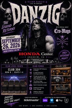 Danzig Concert Tickets – Club 304 Row B