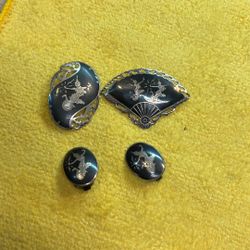 Vintage Siam Sterling Silver Niello brooch and earrings clip on