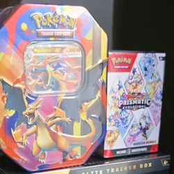 Mega Charizard y ex tin + prismatic evolution booster bundle