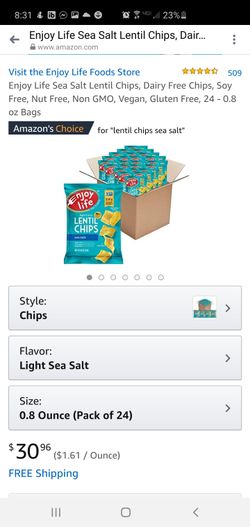Enjoy Life Sea Salt Lentil Chips, Dairy Free Chips, Soy Free, Nut Free, Non GMO, Vegan, Gluten Free, 24 - 0.8 oz Bags