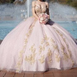 Quinceañera dress light pink and gold