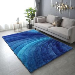 3D Shaggy Blue Swirl 8 ft. x 11 ft. 2-Tone Hand Tufted Polyester Area Rug New