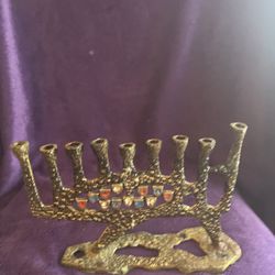 Vintage K&L Israel Hanukkah Menorah 9 Candle Metal Judaica Menorah with Enamel Shields Israeli Judaica Decor