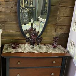 Two Piece Antique Three Drawer Dresser or A Side Board  With Antique Mirror  