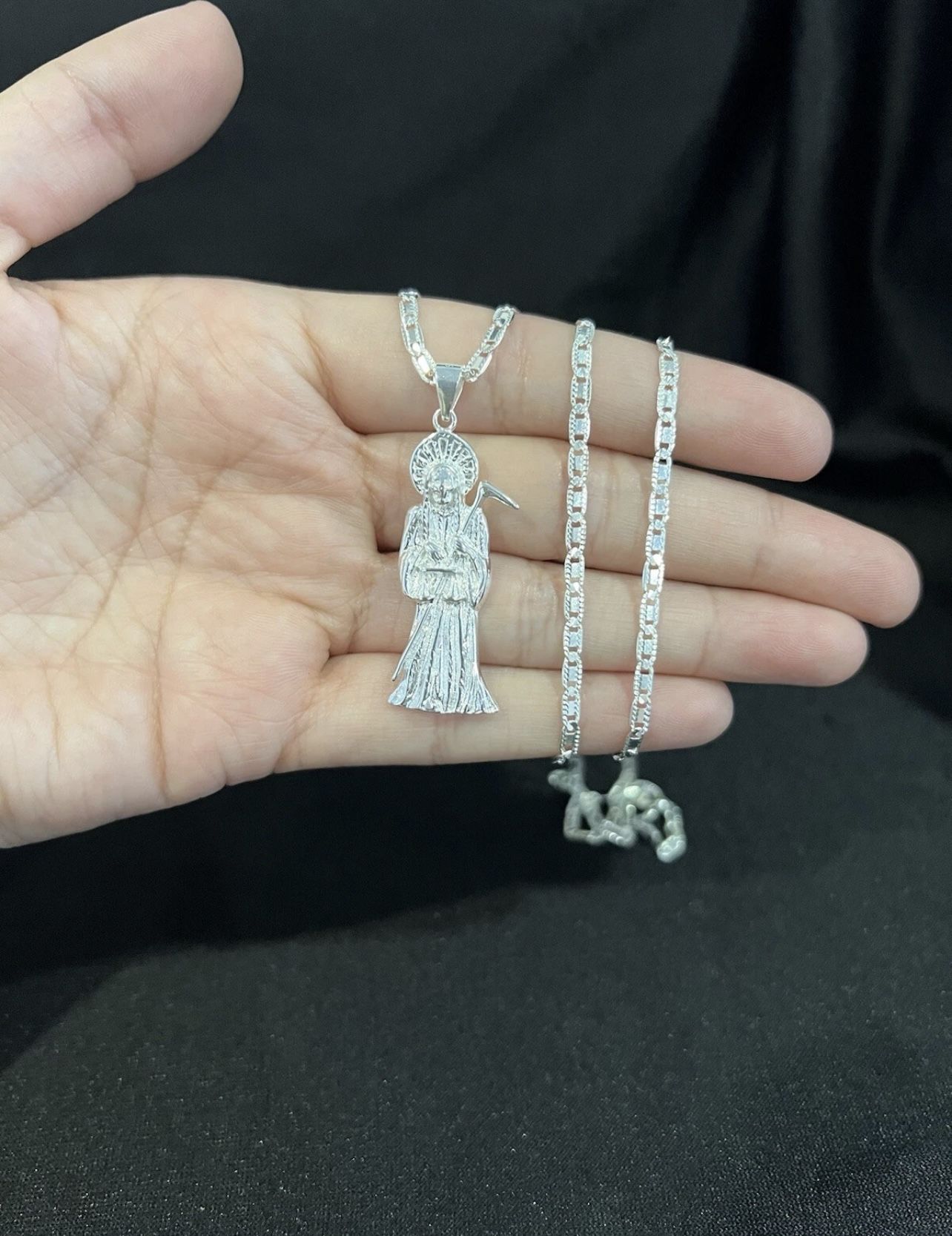 925 Sterling Silver Men Lady Santa Muerte Grim Reaper & Valentino Chain